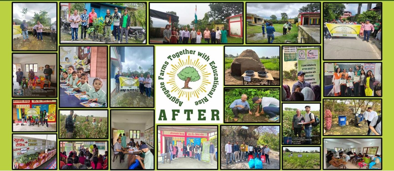 Collage of AFTER SOCIETY activities: farmer training, plantation drives, school visits, community camps and health awareness programmes in Garhwal villages